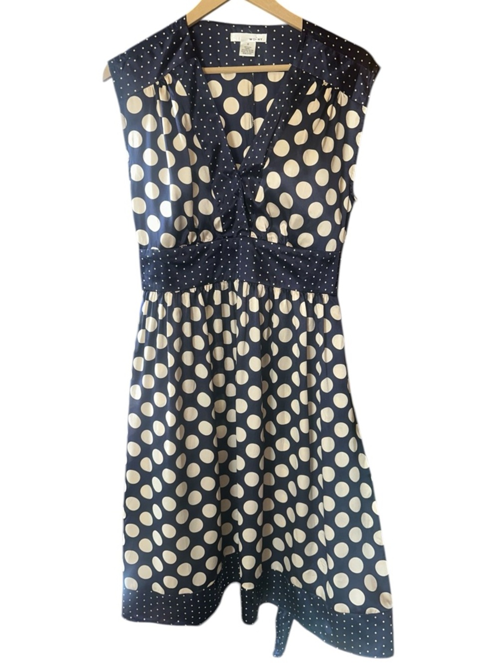 WD.NY 100% Silk Sleeveless Polka Dot Dress Navy Cream Size. 8